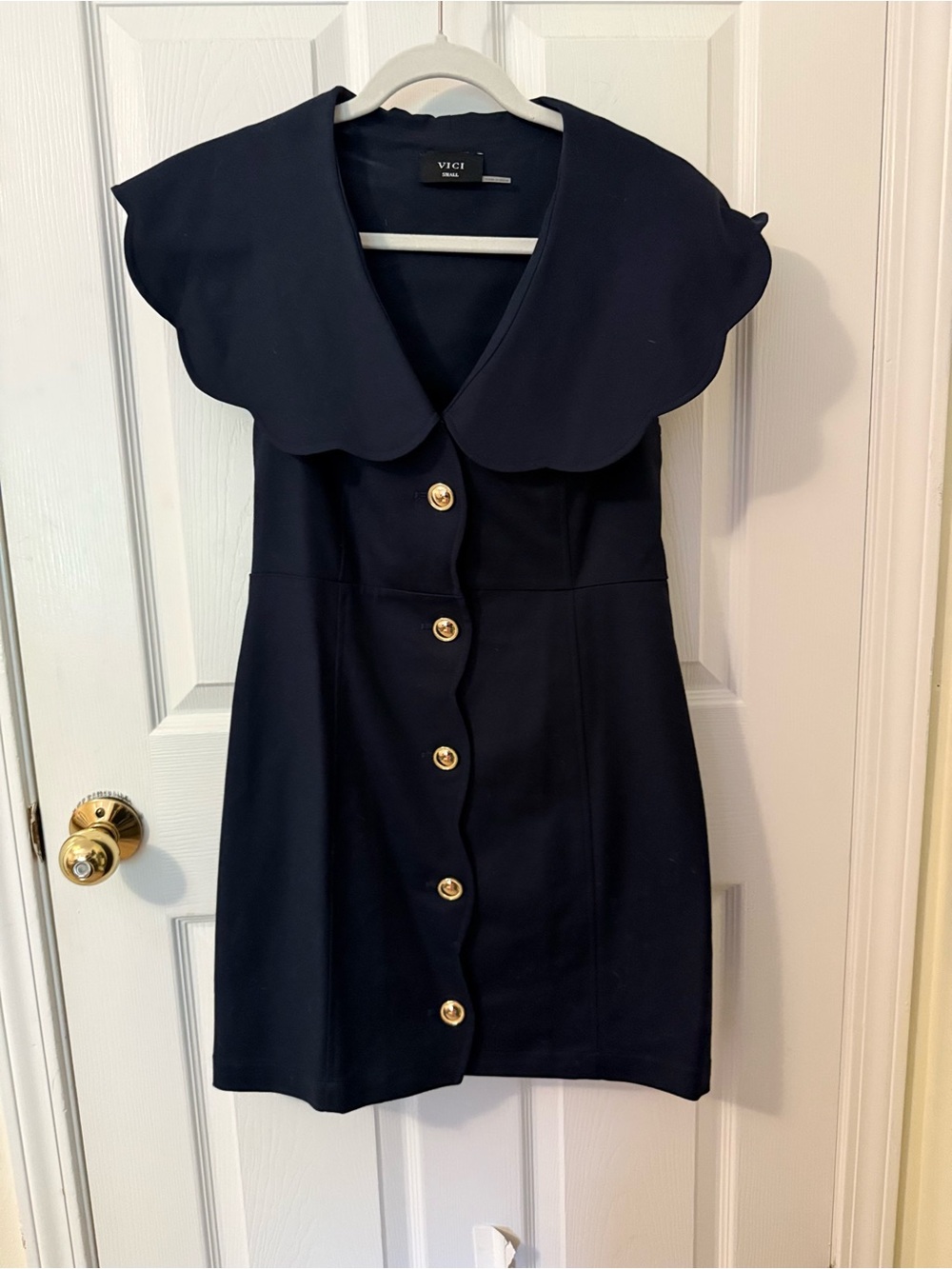 Vici Navy Scalloped Collar Button-Front Mini Dress